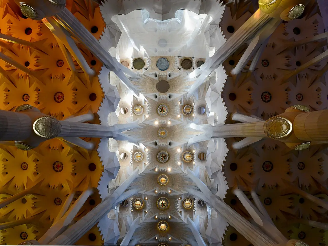 The ceiling of Sagrada Familia Cathedral, Barcelona, Spain