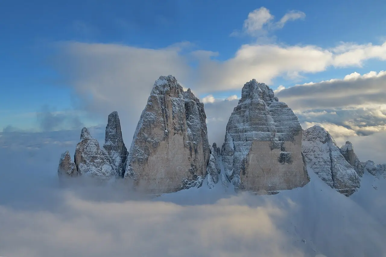 The Tre Cime di Lavaredo in the Dolomites - Aerial view from a helicopter of the Northern face - Dolomites UNESCO World Heritage Site.