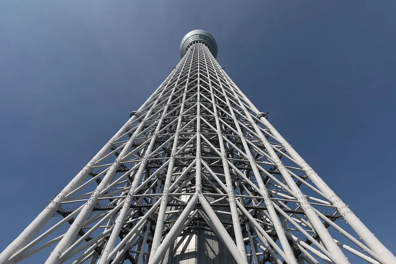 Worm's-eye view of Tokyo Skytree , with vertical symmetry impression. A sunny day, at 8 o'clock, in Japan .