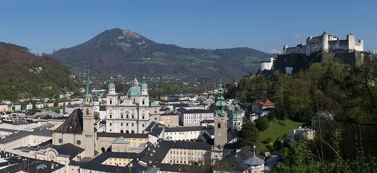 View from Mönchsberg to Hohensalzburg Fortress and the historic center of Salzburg , federal state of Salzburg, Austria