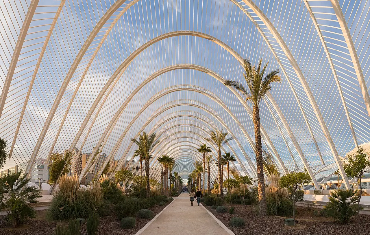 An ultrawide angle panoramic view along the inside of L'Umbracle , designed by renowned Spanish architect Santiago Calatrava , in the City o