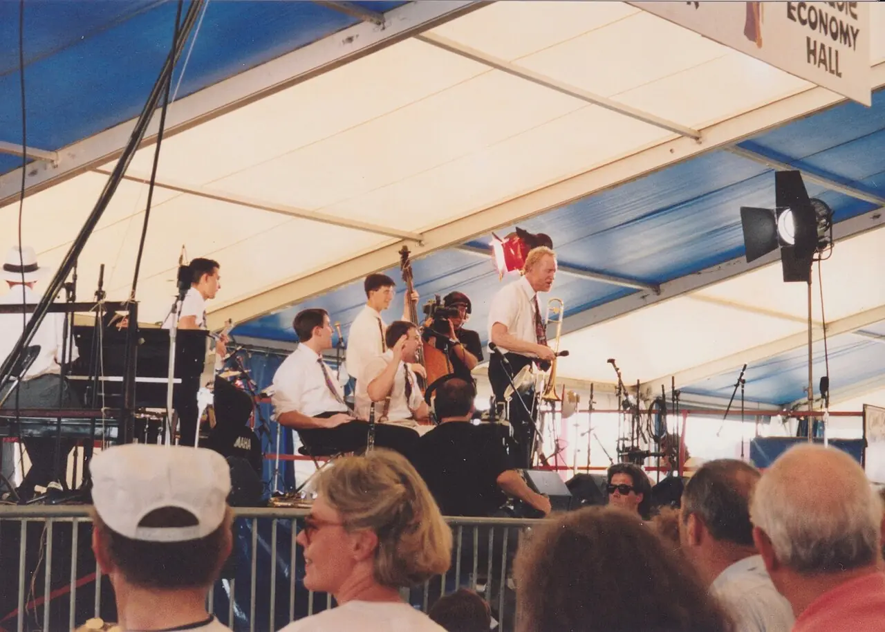 New Orleans Jazz & Heritage Festival 1992. Clint Baker's New Orleans Jazz Band on the Economy Hall stage. Clint Baker, trumpet & leader; Mar
