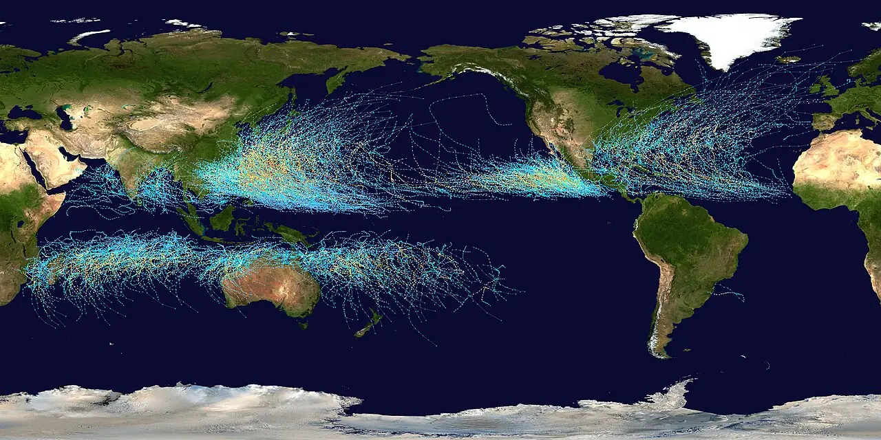 This map shows the tracks of all Tropical cyclones which formed worldwide from 1985 to 2005. The points show the locations of the storms at