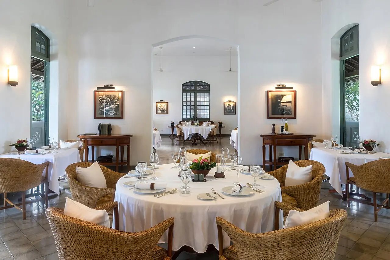 Restaurant room of Amantaka luxury resort and hotel in Luang Prabang , Laos , for breakfasts, lunches and dinners . This room is used as an